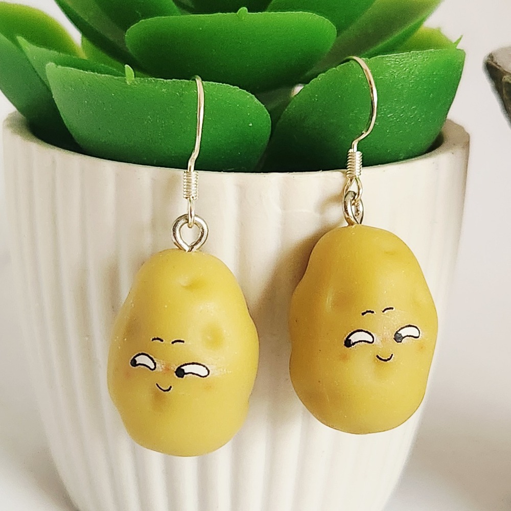 Handmade‎ Potato Drop Earrings Yellow Resin Food Novelty Jewelry Silver Fishhook